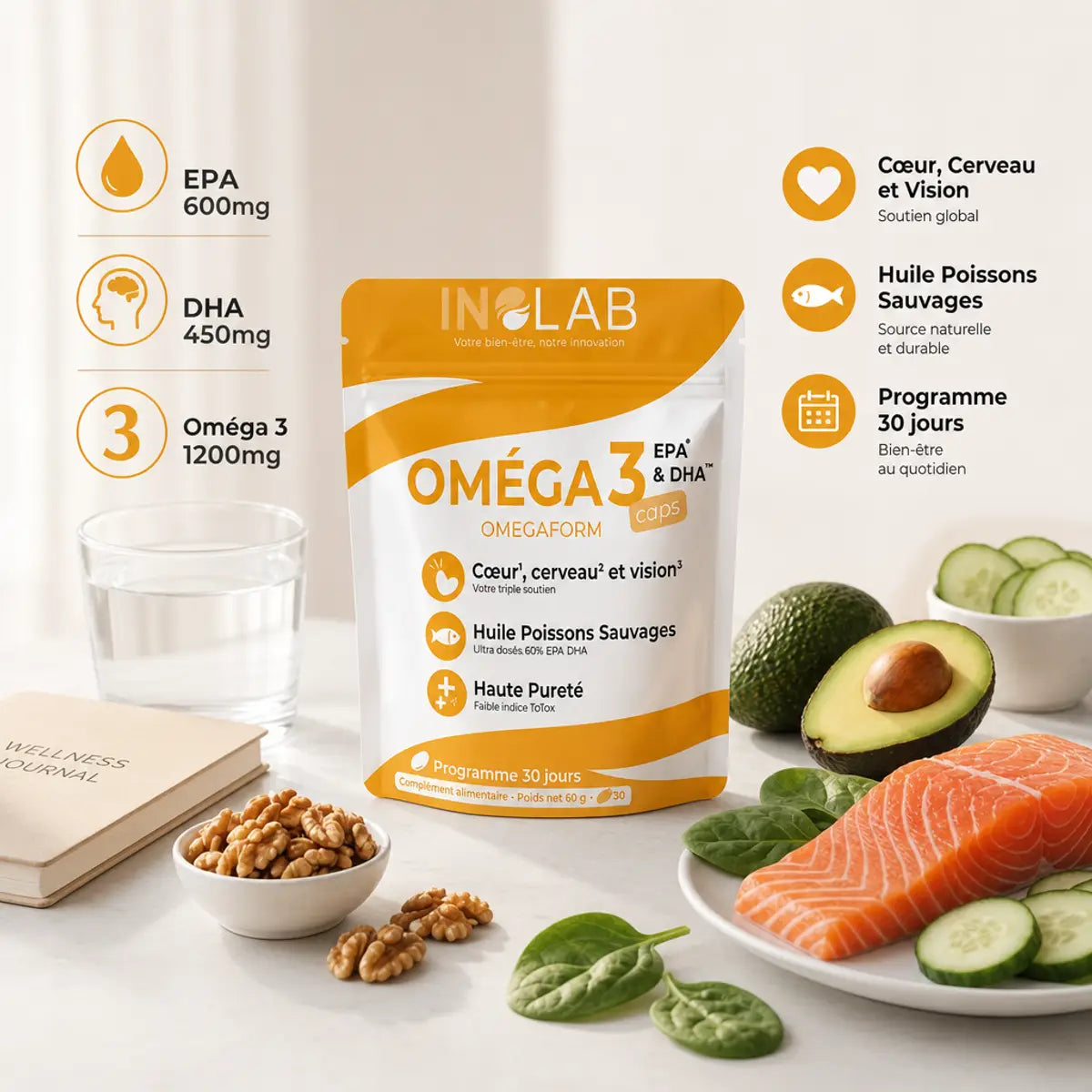 Inolab Omega 3 Caps EPA & DHA avec sources naturelles poisson sauvage, avocat et noix sur fond blanc
