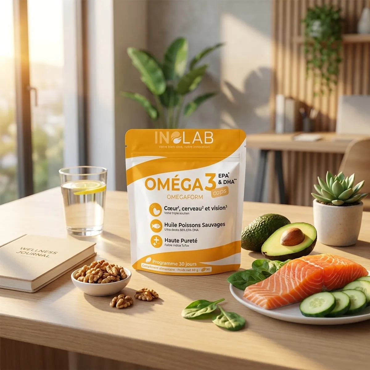 Supplément Omega 3 Caps EPA & DHA Inolab avec poisson, légumes verts et accessoires wellness