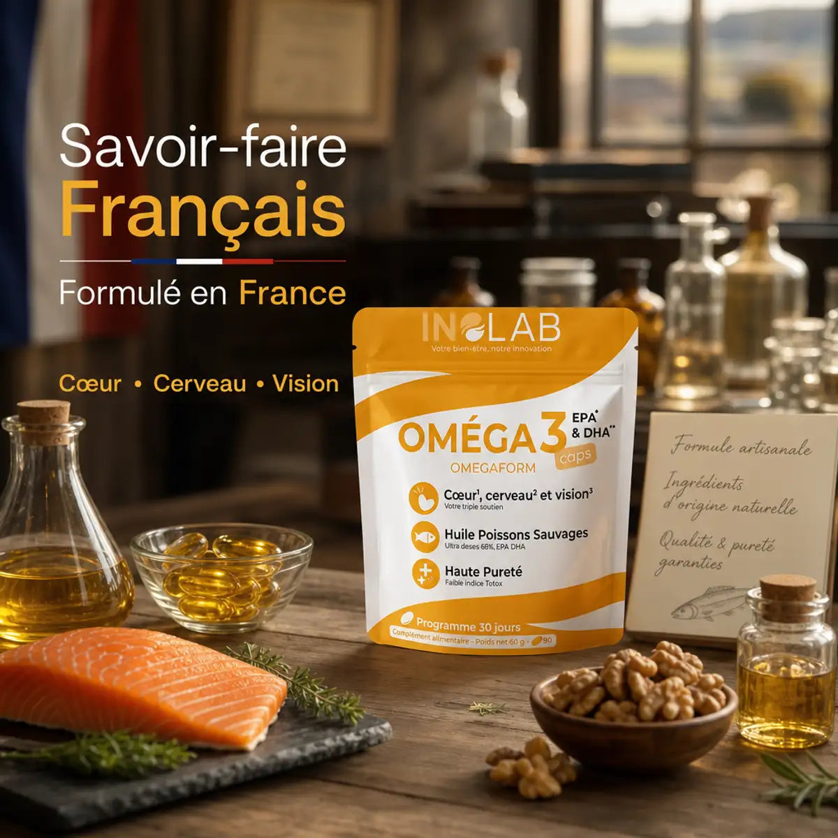 Omega 3 Caps EPA & DHA Inolab avec ingrédients naturels en laboratoire français artisanal