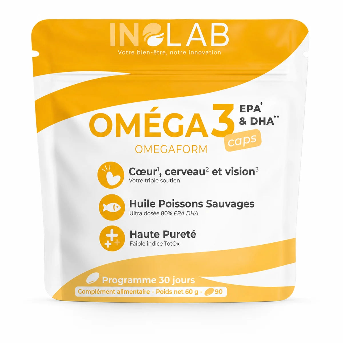 Supplement Omega 3 Caps EPA & DHA Inolab en sachet blanc et or sur fond blanc