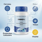 Complément Oméga 3 MERALIA 90 capsules avec bénéfices cerveau, cœur et vision illustrés