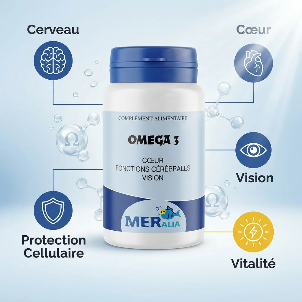 Complément Oméga 3 MERALIA 90 capsules avec bénéfices cerveau, cœur et vision illustrés
