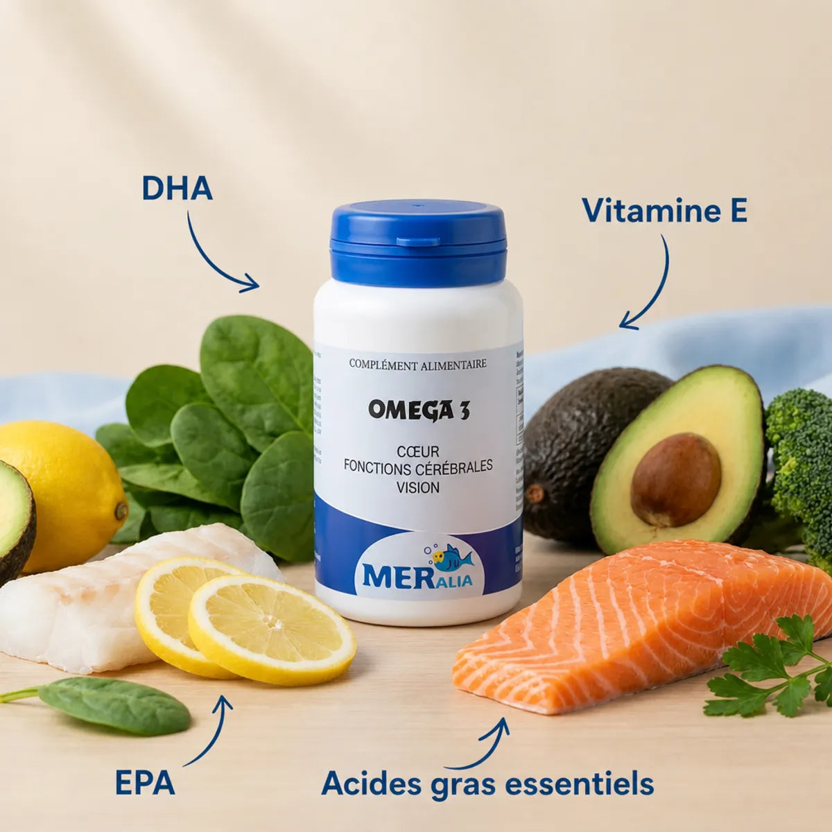 Bouteille Meralia Oméga 3 entourée de saumon, avocat, brocoli et épinards riches en DHA et EPA