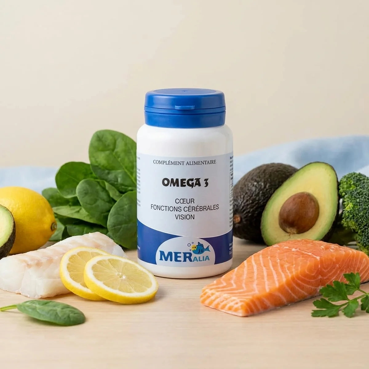 Complément Oméga 3 Meralia 90 capsules avec poisson frais et légumes verts pour santé cœur cerveau vision