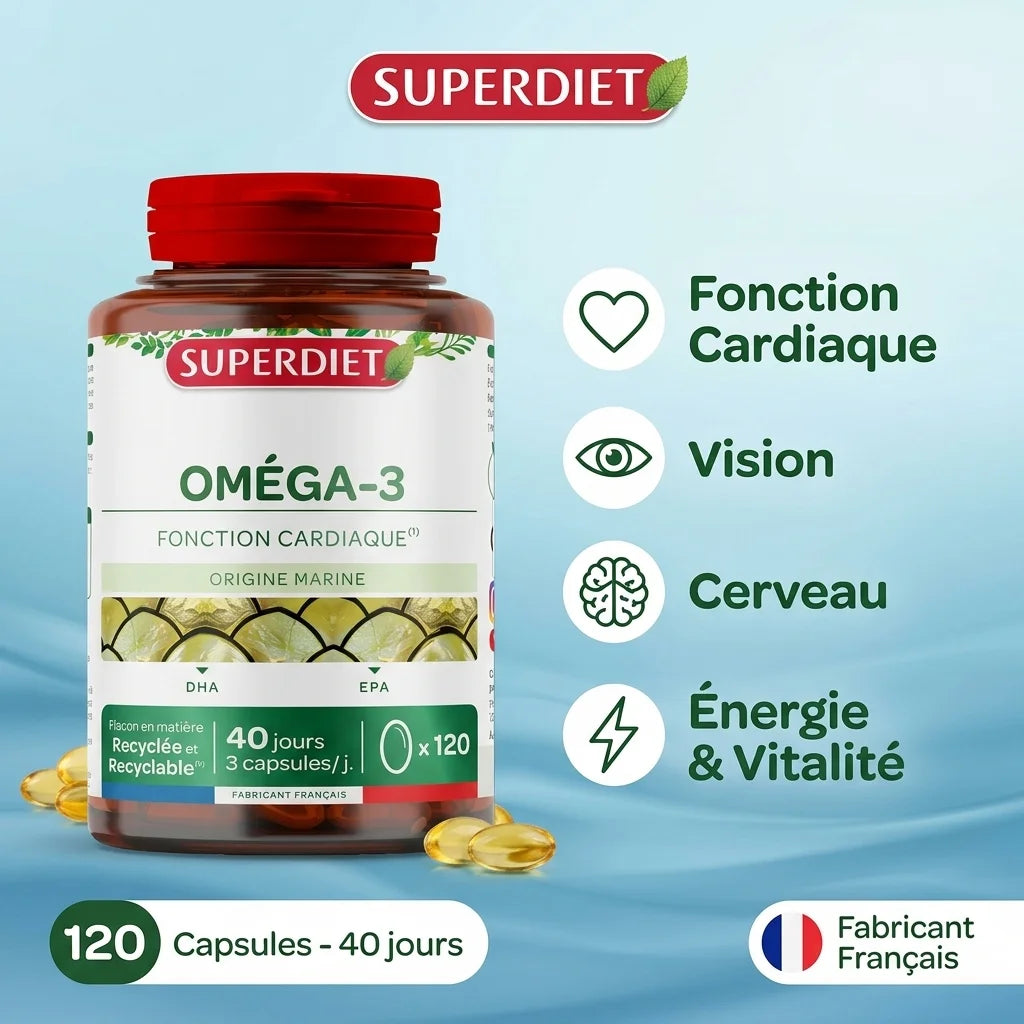 Oméga 3 Huile Poissons Sauvages Superdiet 120 capsules bénéfices santé cardiaque cerveau vision