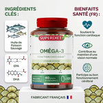 Superdiet Oméga 3 huile de poisson sauvage 120 capsules avec infographie bénéfices santé