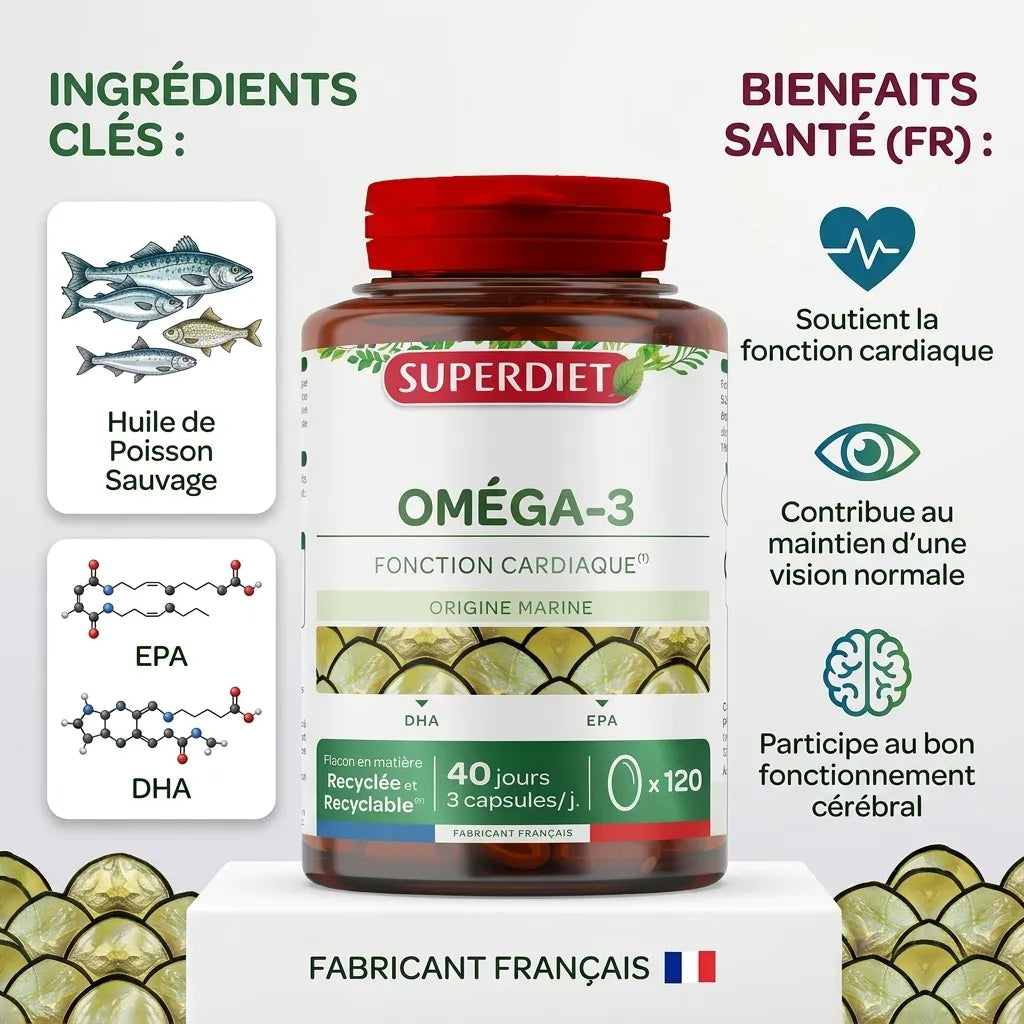 Superdiet Oméga 3 huile de poisson sauvage 120 capsules avec infographie bénéfices santé
