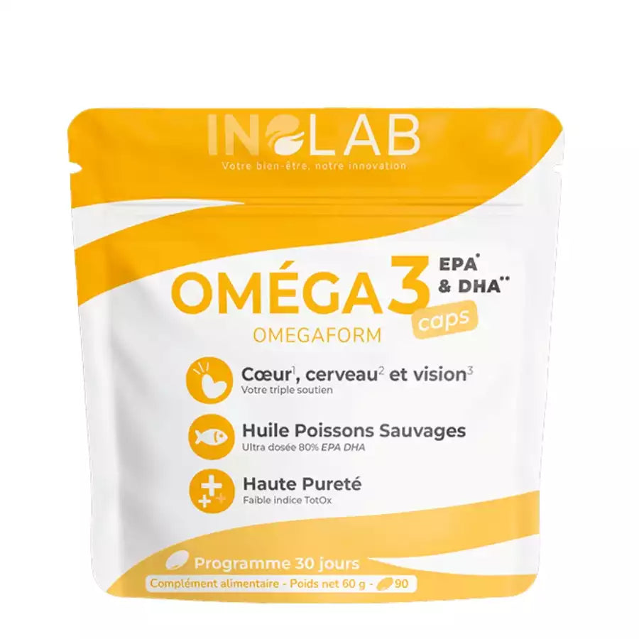 Un sachet de 90 capsules d'oméga 3 de la marque Inolab