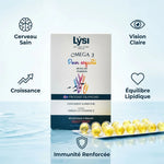 Lysi Oméga 3 enfants 60 capsules fruitées avec icônes bénéfices cerveau, vision, croissance et immunité