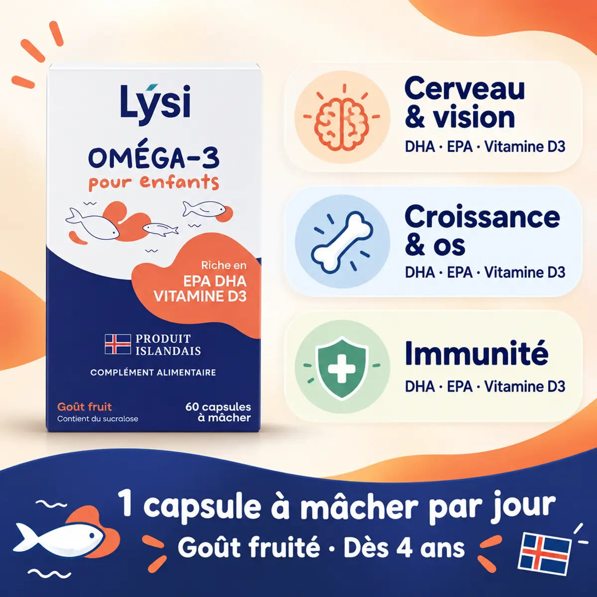 Boîte Lysi Oméga-3 pour enfants 60 capsules fruitées à mâcher, avec icônes cerveau, os et bouclier : DHA, EPA et vitamine D3