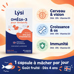 Boîte Lysi Oméga-3 pour enfants 60 capsules fruitées à mâcher, avec icônes cerveau, os et bouclier : DHA, EPA et vitamine D3