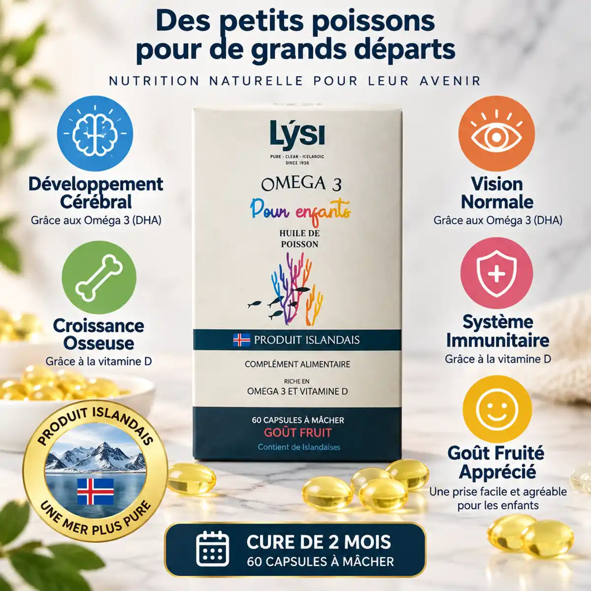 Lysi Oméga 3 Kids 60 capsules fruitées - Développement cérébral, vision et immunité enfant