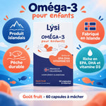Oméga-3 pour enfants Lysi en capsules fruitées à mâcher, 60 capsules, produit islandais, pêche durable, riche en EPA, DHA et vitamine D3