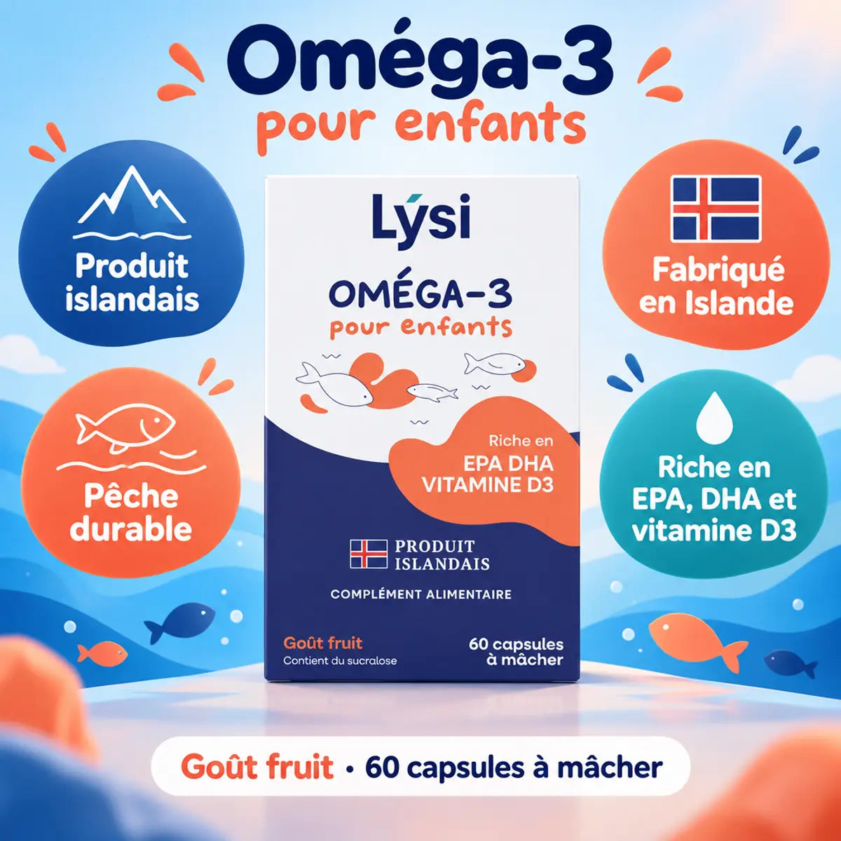 Oméga-3 pour enfants Lysi en capsules fruitées à mâcher, 60 capsules, produit islandais, pêche durable, riche en EPA, DHA et vitamine D3