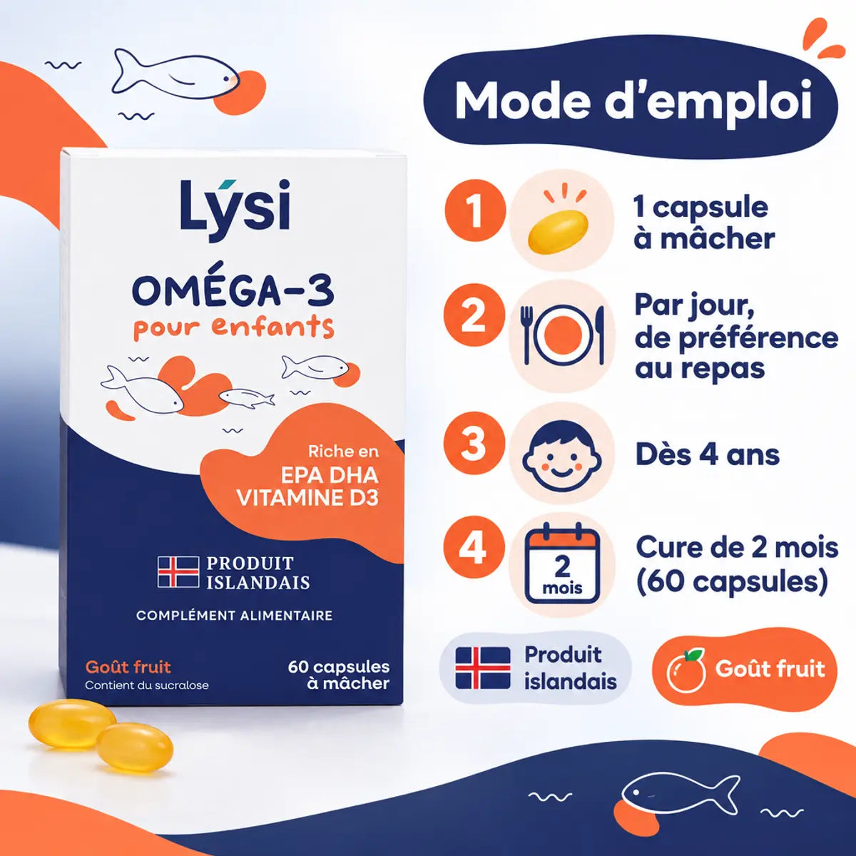 Oméga-3 Lysi pour enfants, 60 capsules fruitées à mâcher, mode d'emploi : 1 capsule par jour dès 4 ans