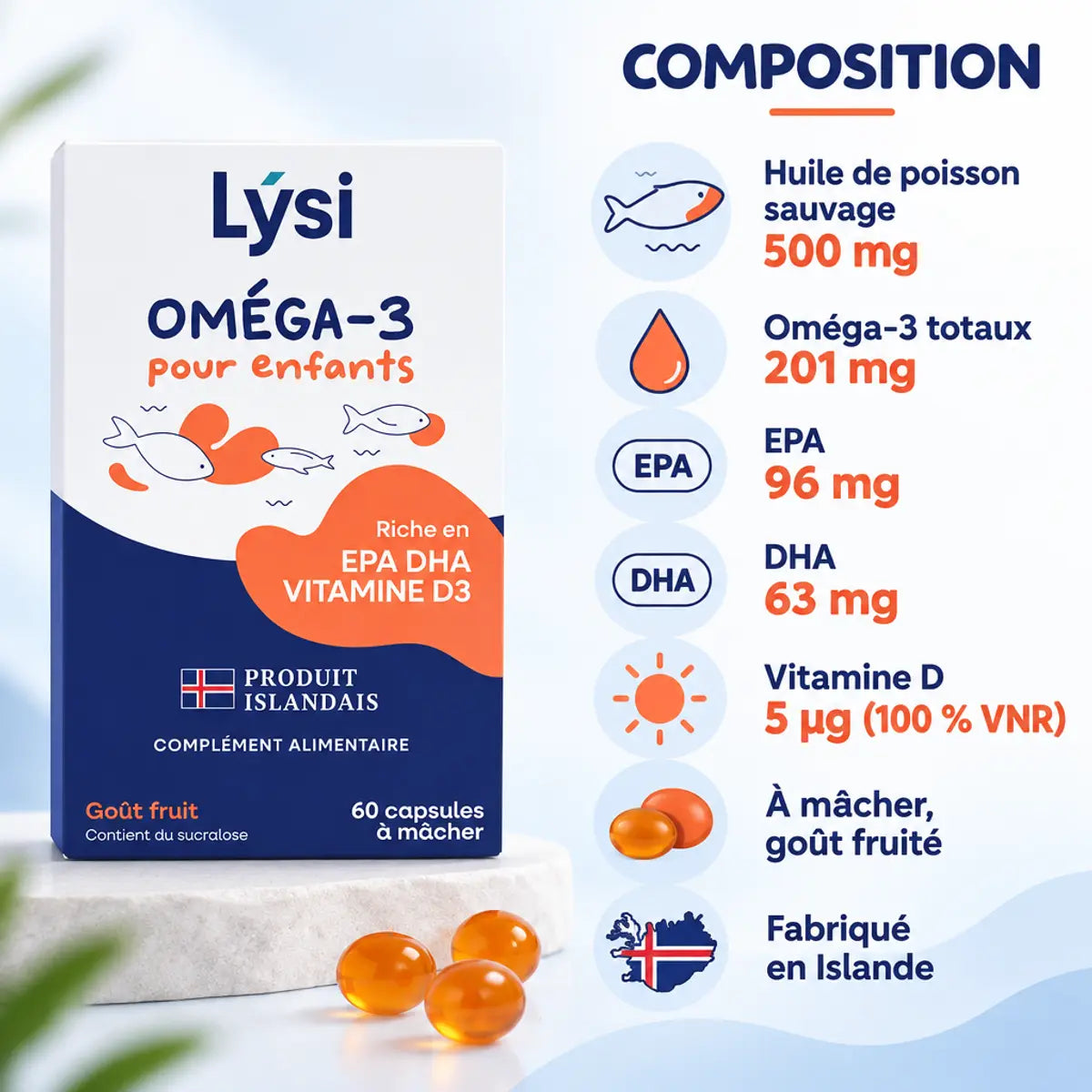 Lysi Oméga-3 pour enfants : packaging et composition (EPA, DHA, vitamine D) en capsules fruitées à mâcher