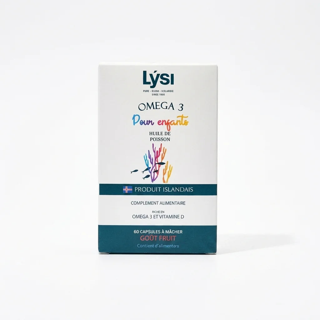 Lysi Oméga 3 enfants 60 capsules fruitées à mâcher bouteille blanc teal