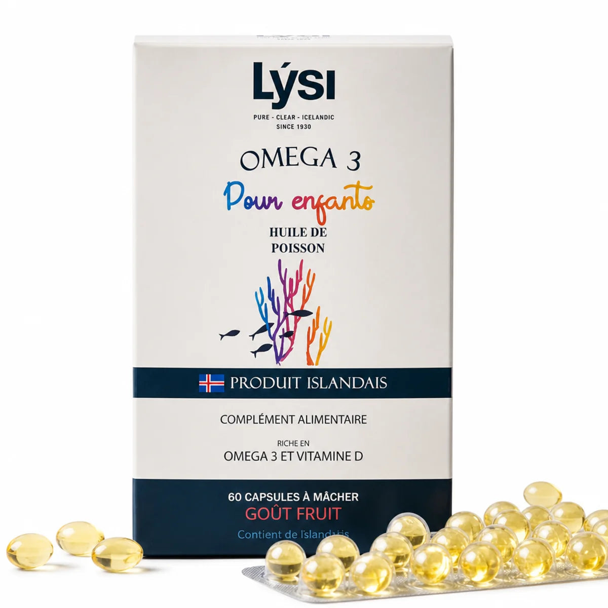 Boîte Lysi Oméga 3 enfants 60 capsules fruitées à mâcher avec capsules dorées