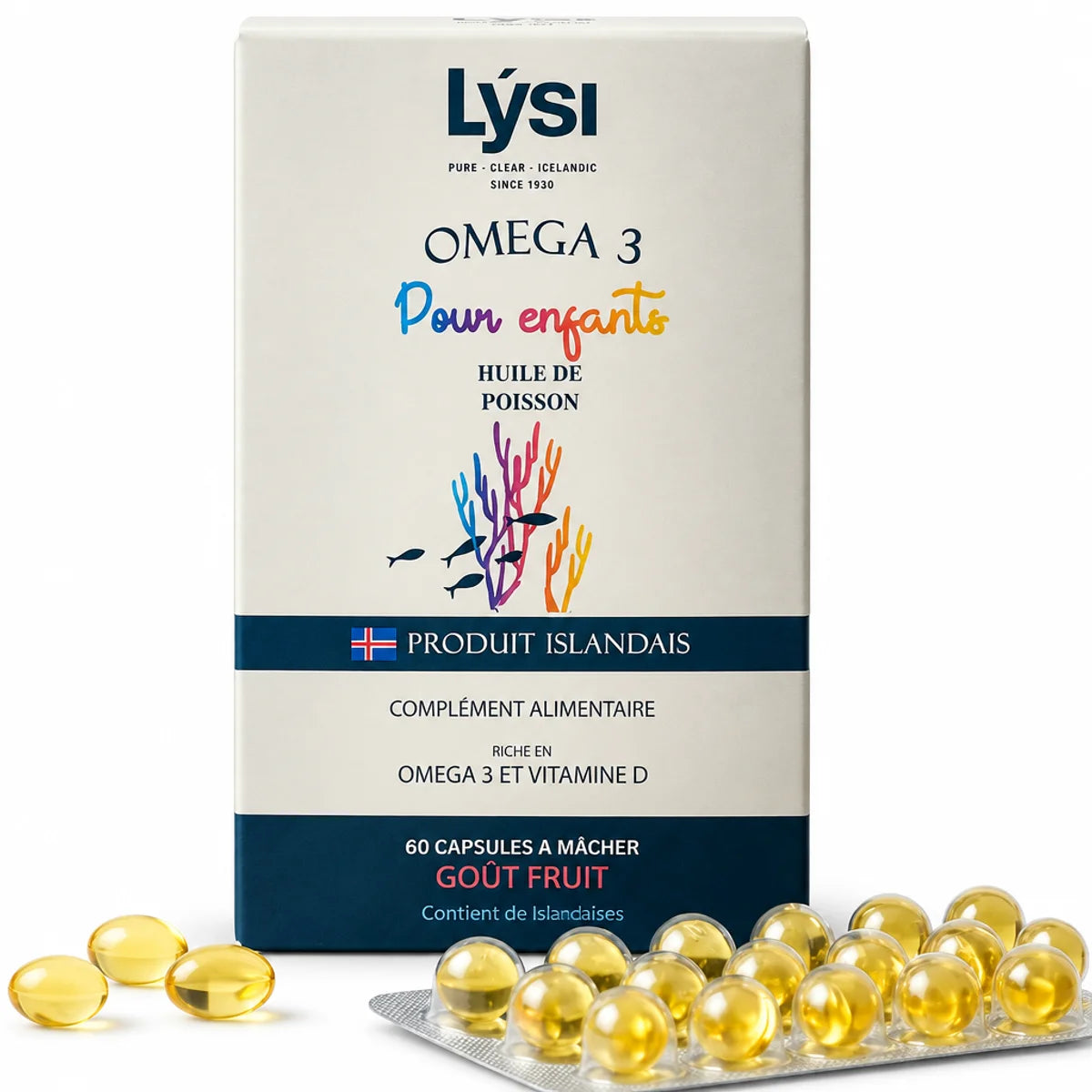 Boîte Lysi Oméga 3 enfants 60 capsules fruitées à mâcher avec capsules dorées isolées fond blanc