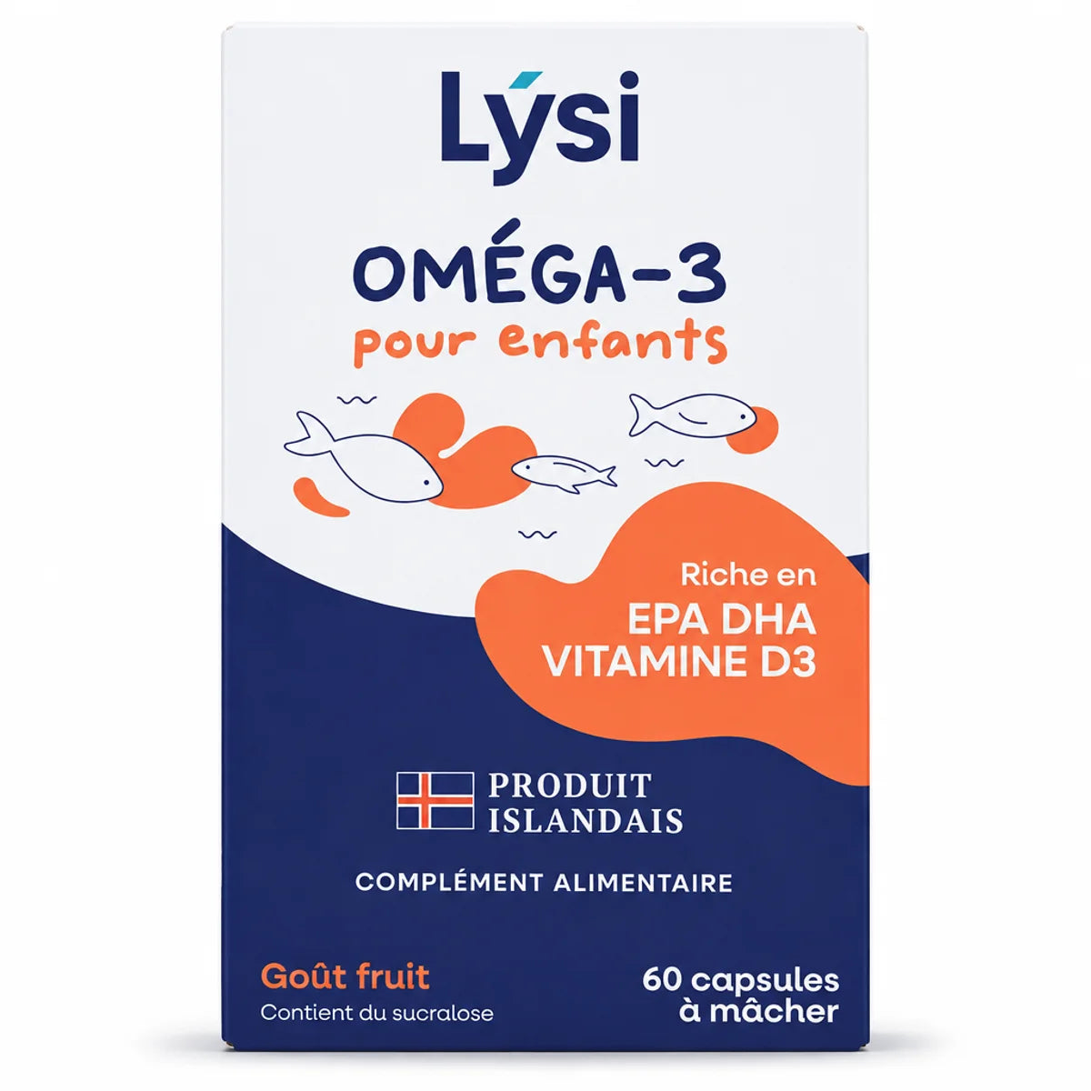 Boîte Lysi Oméga-3 pour enfants, 60 capsules fruitées à mâcher, riche en EPA, DHA et vitamine D3, produit islandais.