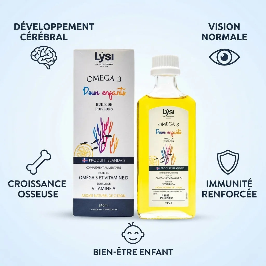 Lysi Oméga 3 huile de poisson 240ml avec bénéfices enfants : développement cérébral, vision, croissance