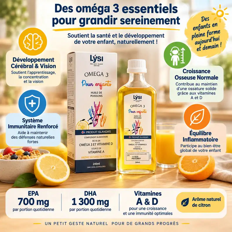 Lysi Oméga 3 huile poisson 240ml avec bénéfices enfants : développement cérébral, vision, croissance osseuse