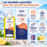 Flacon et boîte Lýsi Oméga-3 pour enfants 240 ml, huile de poisson islandaise au goût citron, avec icônes cerveau, vision, os et immunité