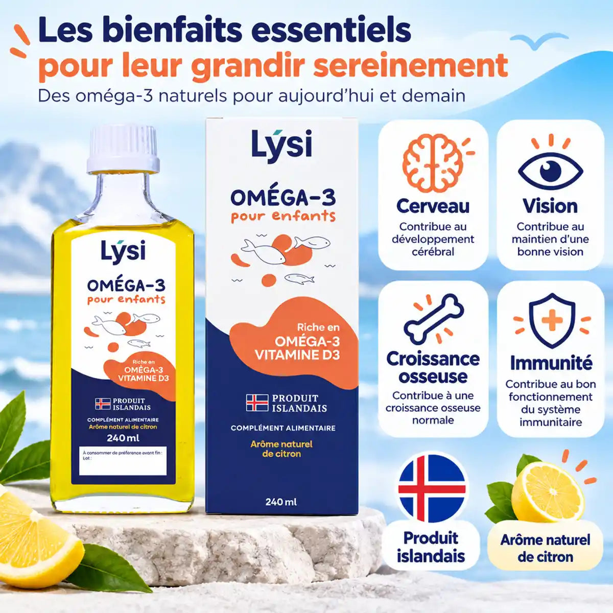 Flacon et boîte Lýsi Oméga-3 pour enfants 240 ml, huile de poisson islandaise au goût citron, avec icônes cerveau, vision, os et immunité