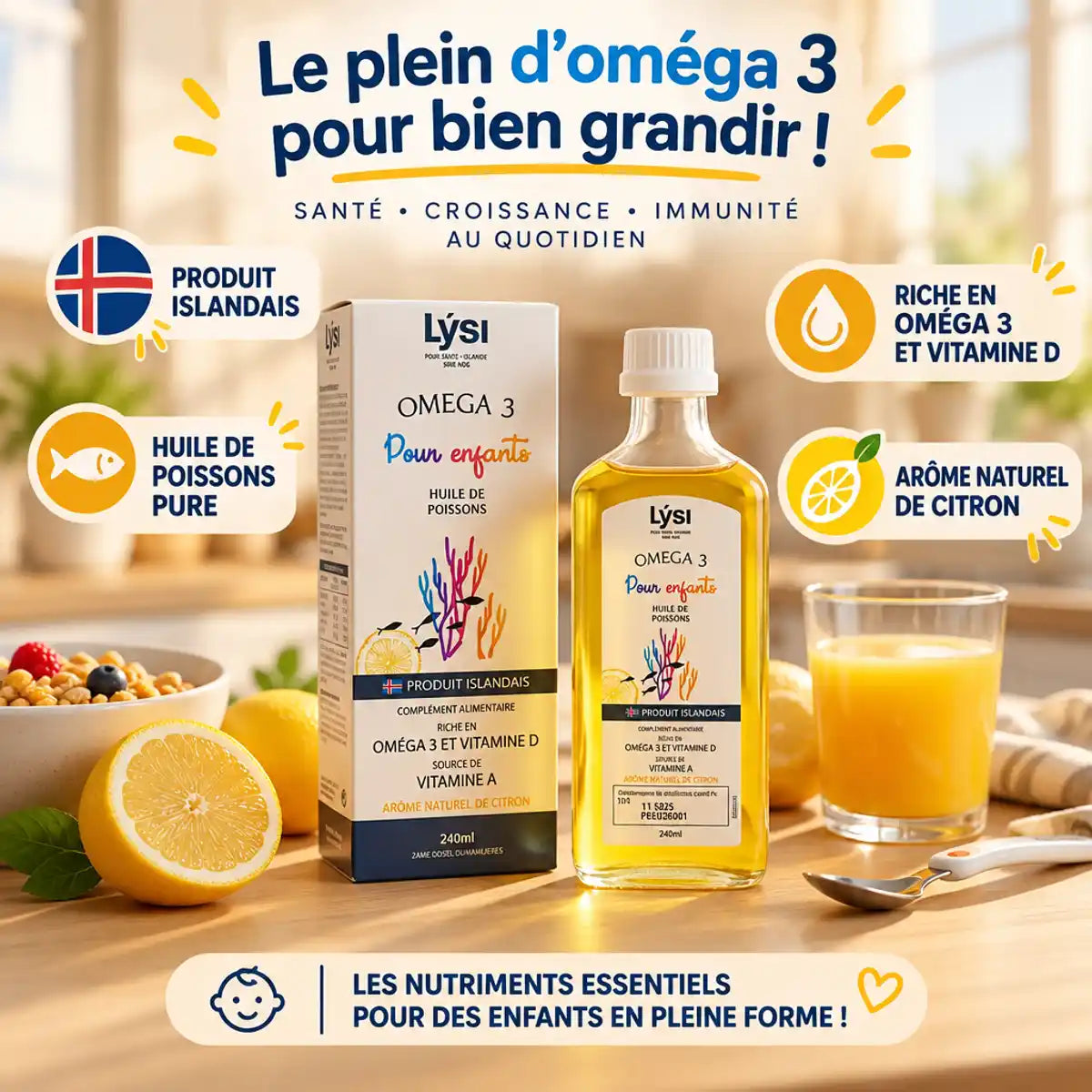 Huile Oméga 3 Lysi 240ml pour enfants avec citron, riche en vitamine D