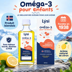 Flacon de Lýsi Oméga-3 pour enfants 240 ml, huile de poisson islandaise au goût citron, sur fond blanc