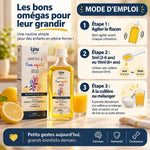 Flacon Lýsi Omega 3 huile poissons 240ml avec guide dosage enfants et agrumes en cuisine