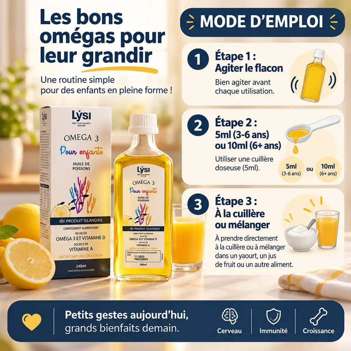 Flacon Lýsi Omega 3 huile poissons 240ml avec guide dosage enfants et agrumes en cuisine