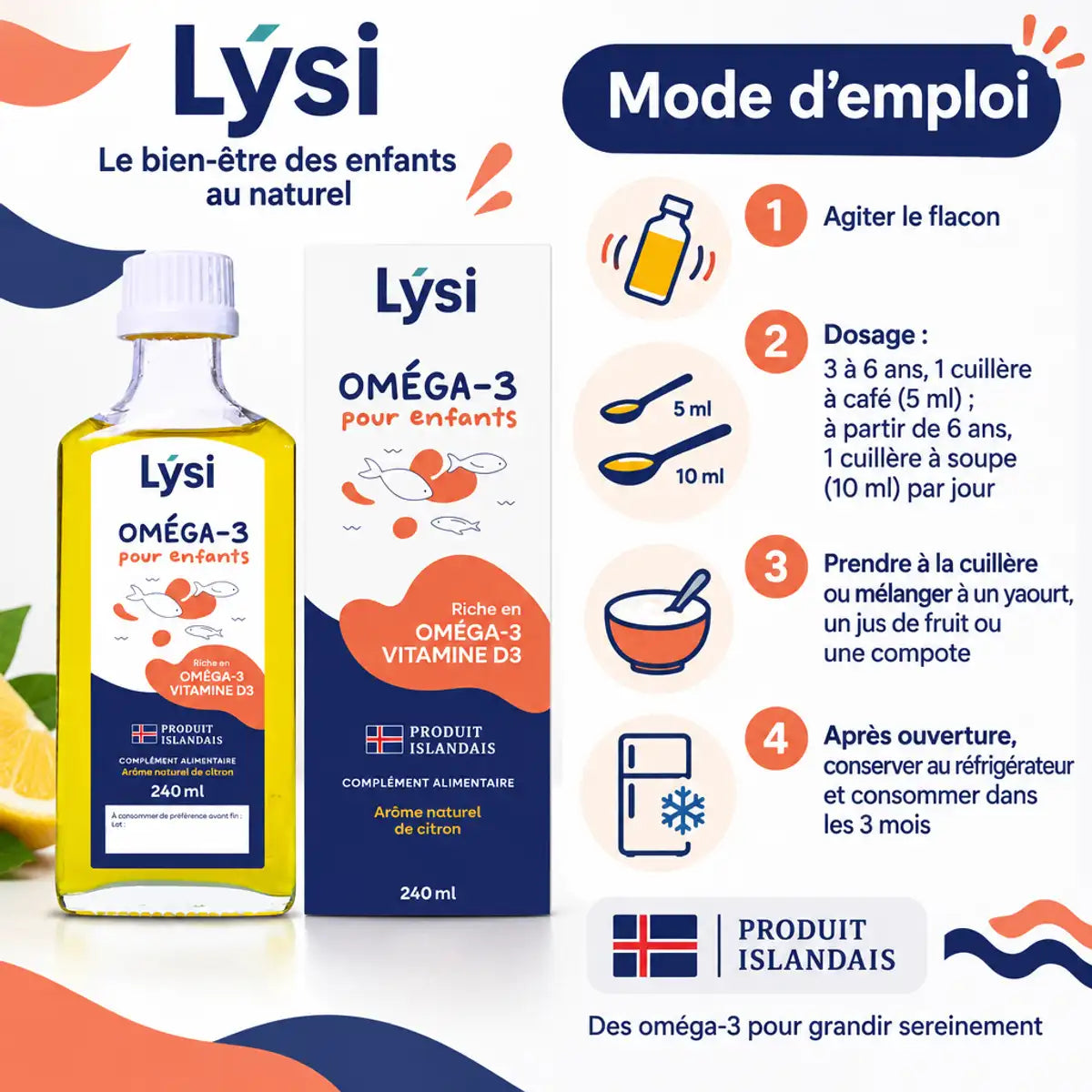 Lysi Oméga-3 pour enfants 240 ml : flacon et emballage, avec mode d'emploi et dosage en français