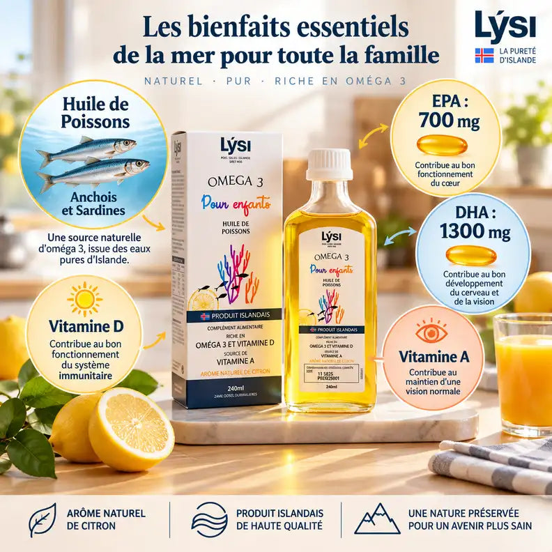 Flacon Lýsi Oméga 3 huile de poisson 240ml avec infographie nutritionnelle EPA DHA vitamines