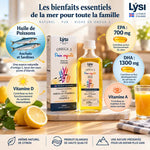 Flacon Lýsi Oméga 3 huile de poisson 240ml avec infographie nutritionnelle EPA DHA vitamines