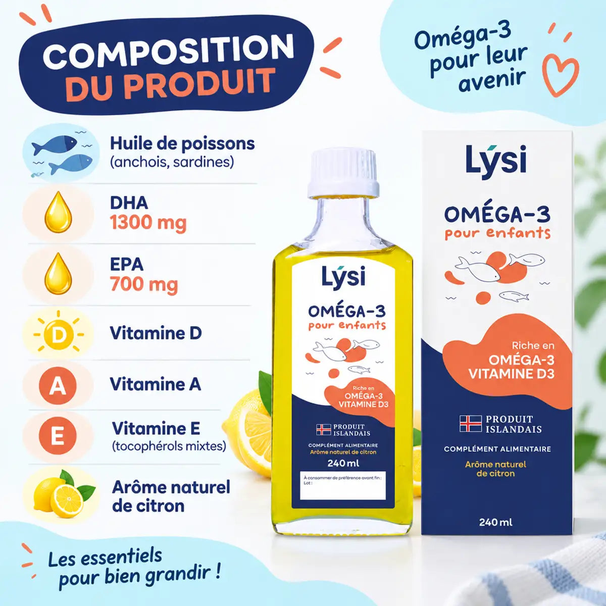 Flacon et boîte Lýsi Oméga-3 pour enfants 240 ml à côté d'une infographie sur la composition : huile de poissons, DHA, EPA, vitamines D, A et E