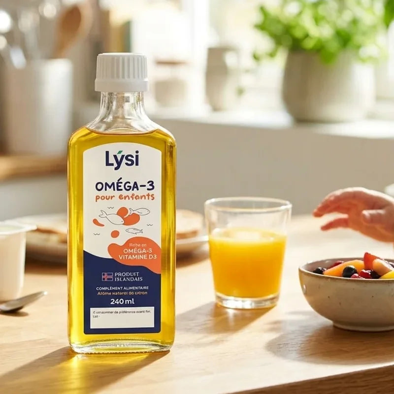 Flacon d'Oméga 3 Lysi pour enfants 240 ml sur un plan de cuisine lumineux, avec jus d'orange et compote de fruits au petit-déjeuner