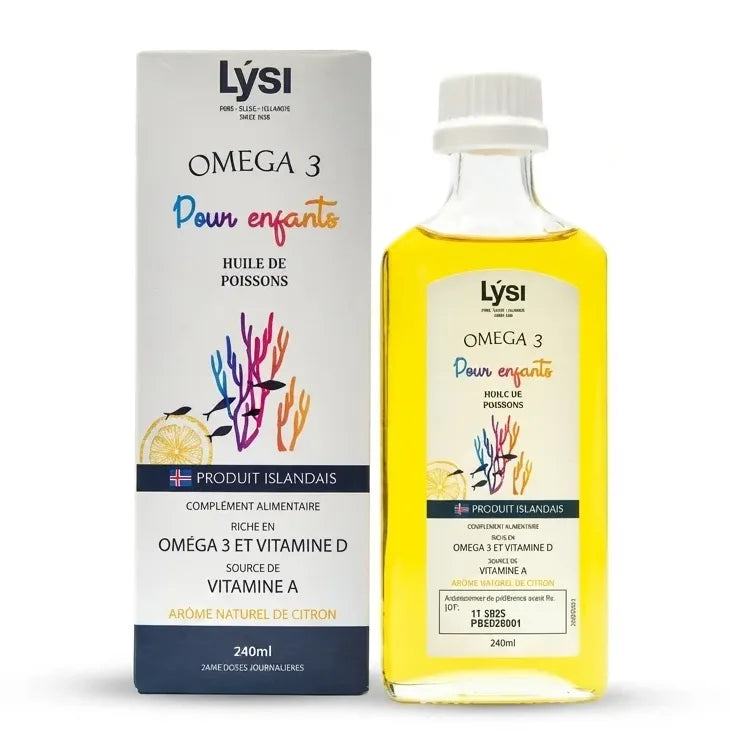 Flacon d'Omega 3 Lysi pour enfants 240ml à l'huile de poisson, bouteille jaune sur fond blanc