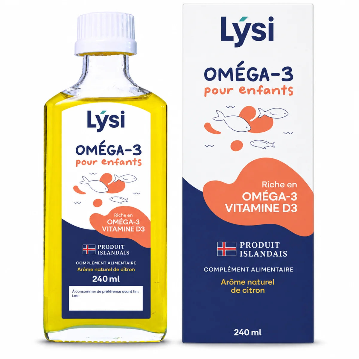 Flacon en verre et boîte Lysi Oméga-3 pour enfants en huile de poisson, 240 ml, fond blanc