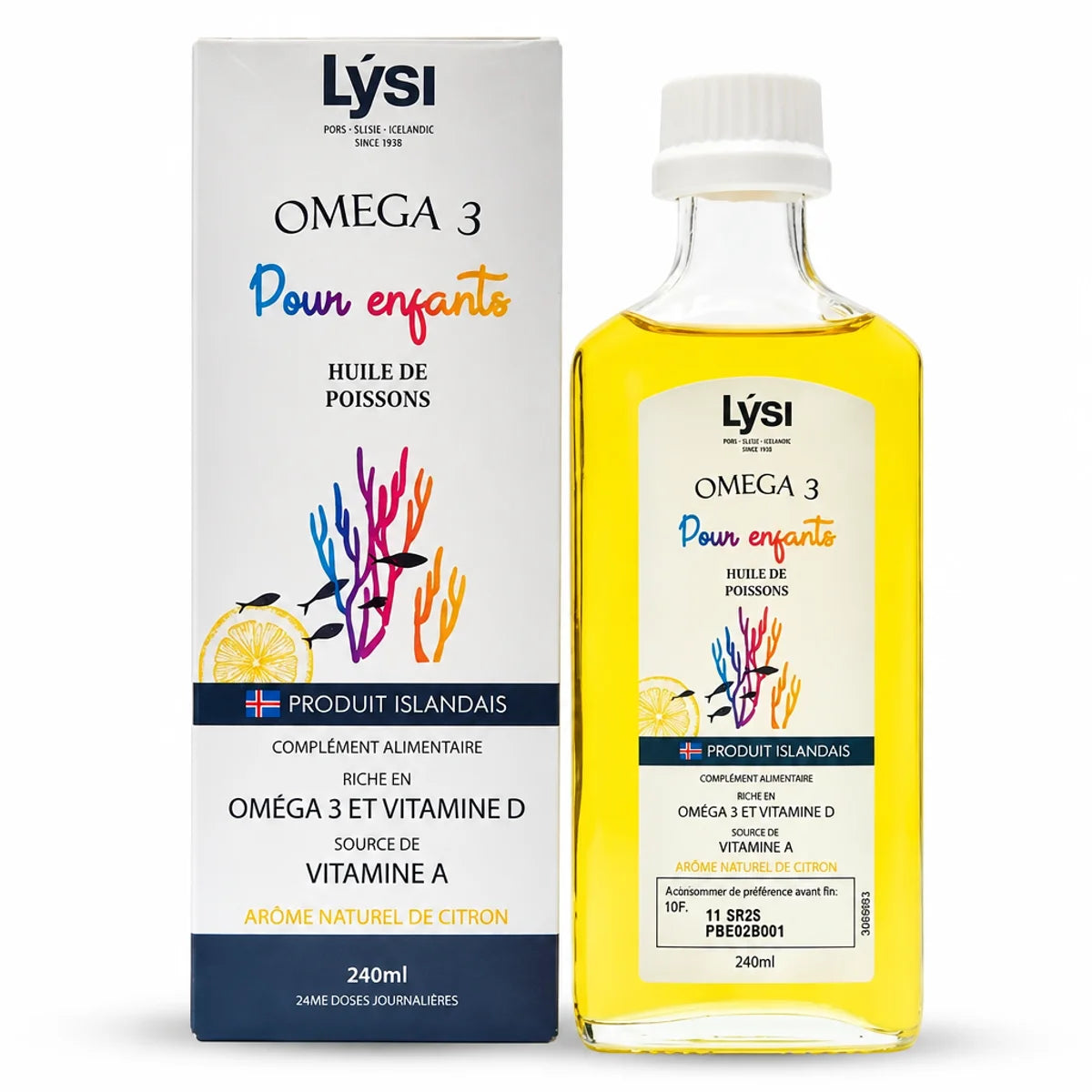 Lysi Oméga 3 huile de poisson enfants 240 ml flacon jaune fond blanc