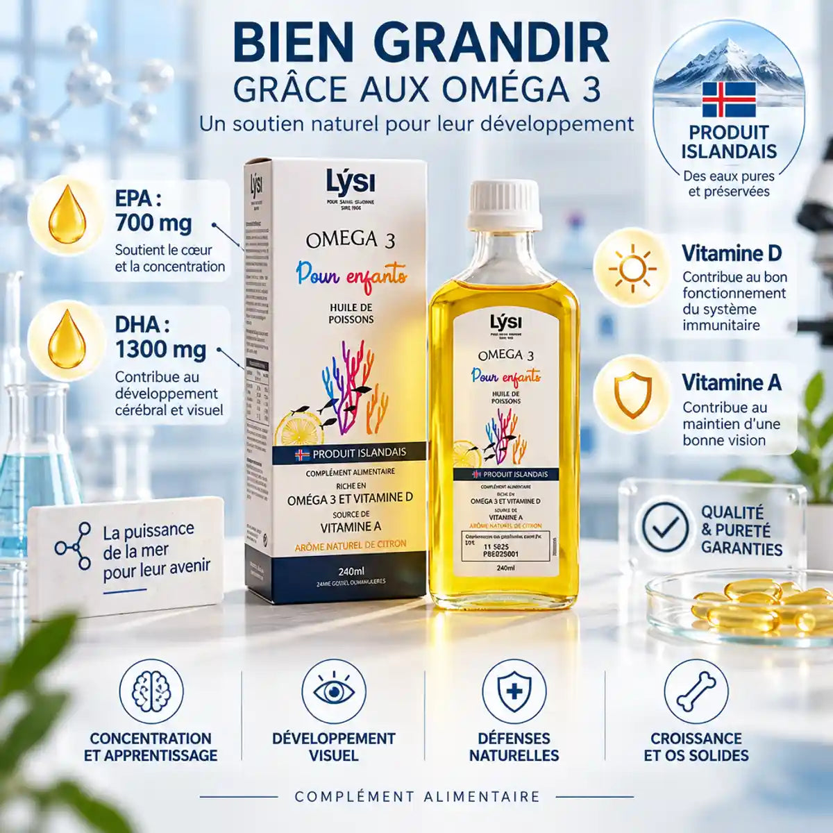 Oméga 3 enfants Lysi 240ml - Huile de poisson avec EPA DHA et vitamines
