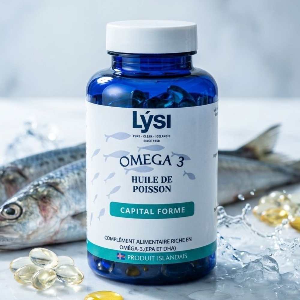 Un flacon d'Omega 3 Capital forme de 60 gélules de la marque Lysi