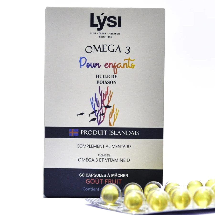 Une boite d'Oméga 3 pour Enfants de 60 capsules fruitées à mâcher de la marque Lysi