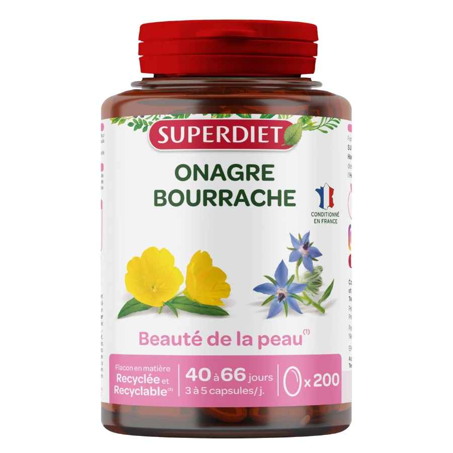 Un pot d'huiles onagre et bourrache beauté de la peau de 200 capsules de la marque Superdiet
