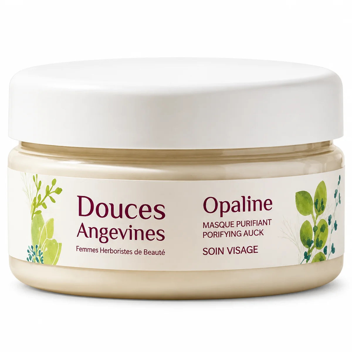 Opaline Masque Bio 50g Douces Angevines, pot blanc avec couvercle beige sur fond blanc
