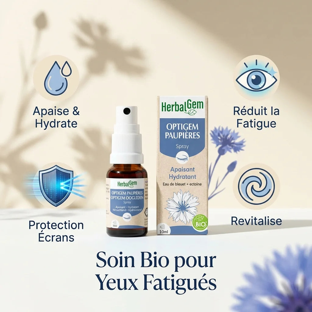 Optigem Spray Paupières Bio HerbalGem avec bénéfices : apaise, réduit fatigue, protection écrans, revitalise