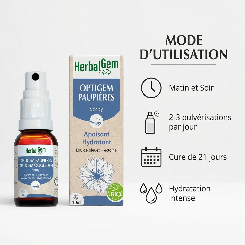 Optigem Spray Paupières Bio 10ml HerbalGem avec mode d'utilisation et dosage recommandé