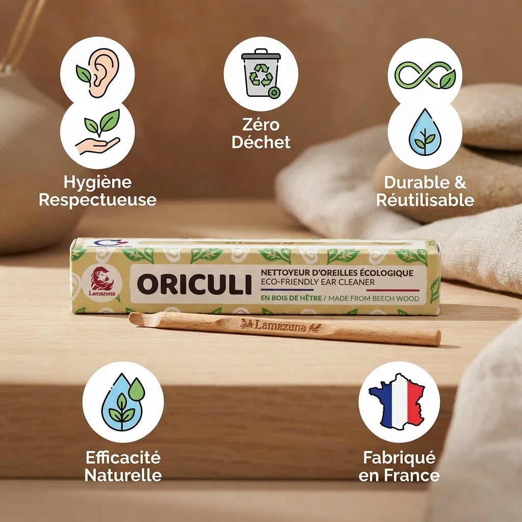 Oriculi bois de hêtre Lamazuna avec icônes hygiène, zéro déchet, durable, efficacité naturelle, fabriqué France