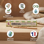 Oriculi bois de hêtre Lamazuna avec icônes hygiène, zéro déchet, durable, efficacité naturelle, fabriqué France
