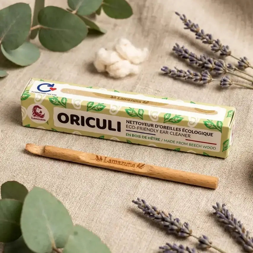 Oriculi en bois de hêtre Lamazuna avec emballage écologique et feuilles d'eucalyptus